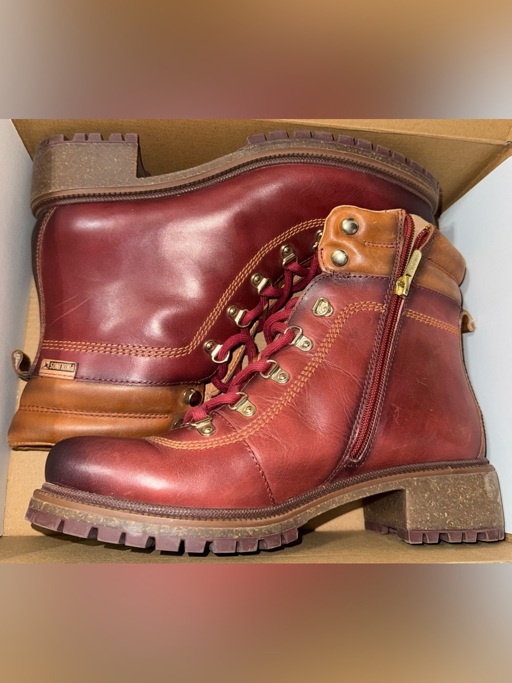 Pikolinos Aspe Burgundy Leather Lace-Up Hiking Boots. New without box W 38 7.5/8